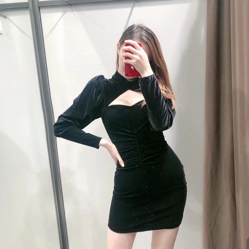 Retro Velvet Sexy Hollow Mini Dress Women