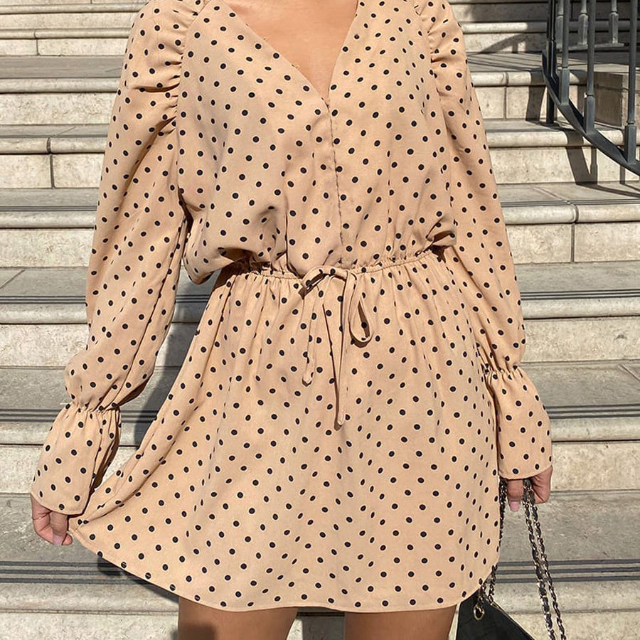 Women New Fashion Polka Dot Chiffon Mini Dress V-neck Long Sleeve Stitching Waist Lace Dress