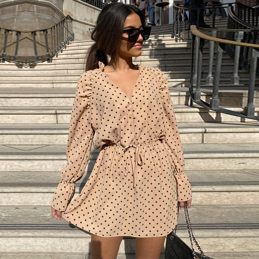 Women New Fashion Polka Dot Chiffon Mini Dress V-neck Long Sleeve Stitching Waist Lace Dress