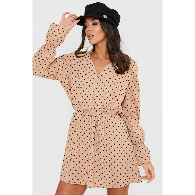 Women New Fashion Polka Dot Chiffon Mini Dress V-neck Long Sleeve Stitching Waist Lace Dress