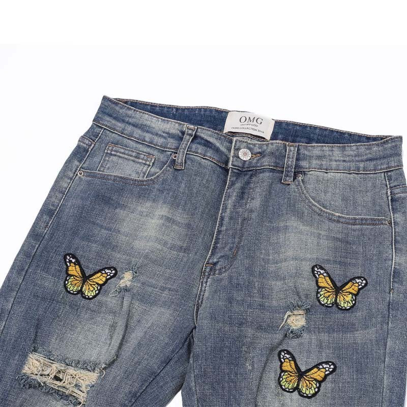 Fashion Butterfly Embroidered Distressed Distressed Slim Fit Jeans