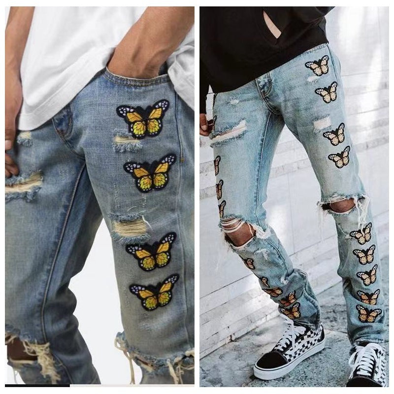 Fashion Butterfly Embroidered Distressed Distressed Slim Fit Jeans