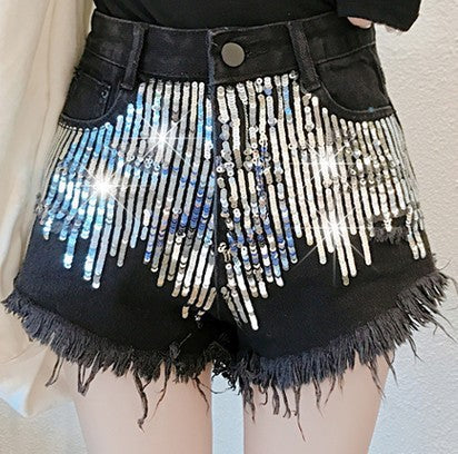 Gold glittered sequined wide-leg shorts