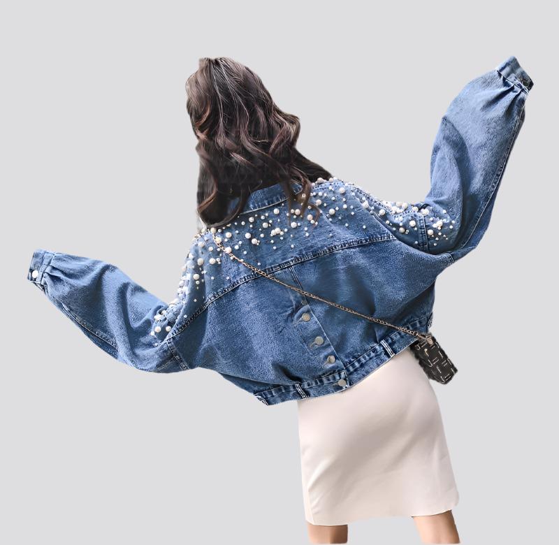 Spring, Autumn And Winter New Style Denim Jacket For Female Students, Korean Style Loose Short Short And Small Beaded Top.