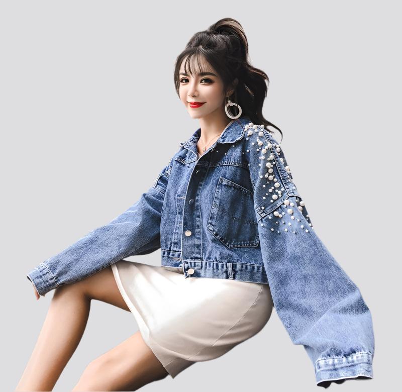 Spring, Autumn And Winter New Style Denim Jacket For Female Students, Korean Style Loose Short Short And Small Beaded Top.