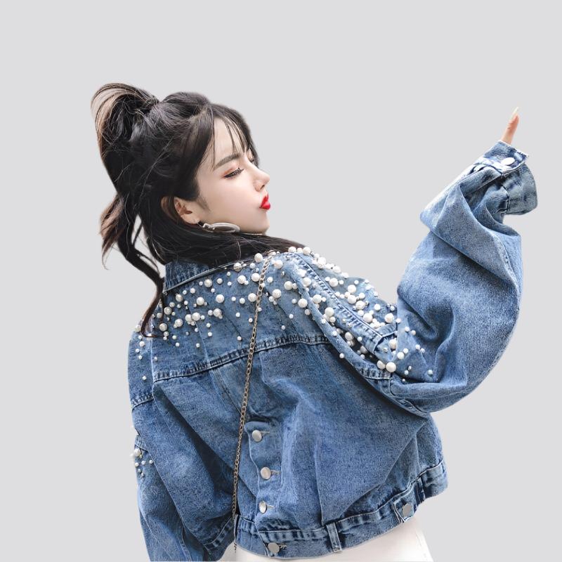 Spring, Autumn And Winter New Style Denim Jacket For Female Students, Korean Style Loose Short Short And Small Beaded Top.