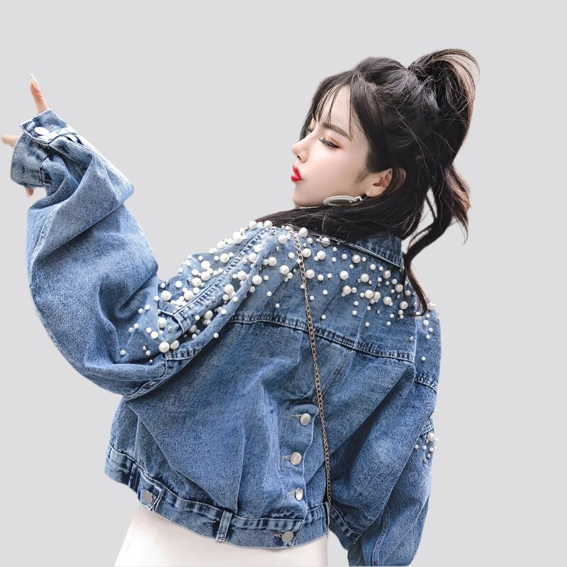 Spring, Autumn And Winter New Style Denim Jacket For Female Students, Korean Style Loose Short Short And Small Beaded Top.