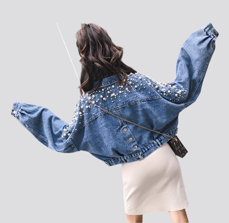 Spring, Autumn And Winter New Style Denim Jacket For Female Students, Korean Style Loose Short Short And Small Beaded Top.