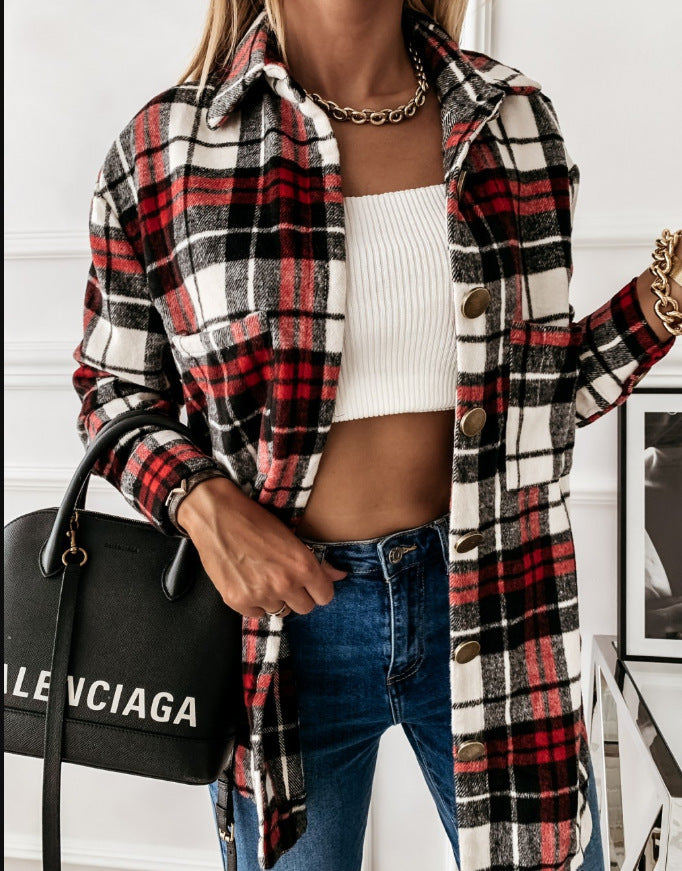 Retro plaid long-sleeved shirt jacket women