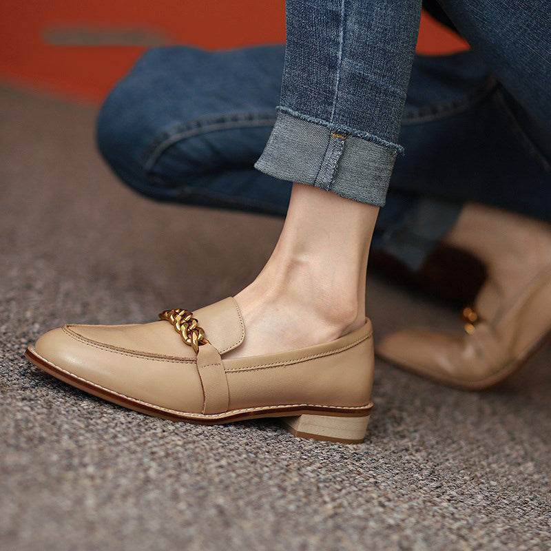 Round Toe Loafers Pumps With Thick Heels