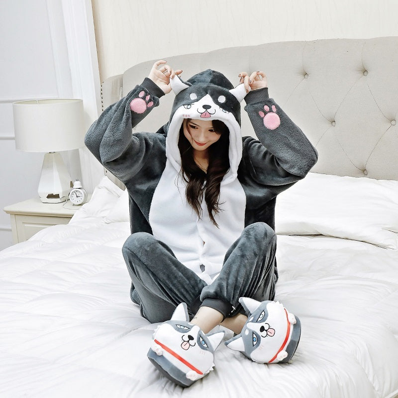 Set Kigurumi Adult Women Men Animal Corgi Pajamas Flannel Cartoon dog Cosplay Onesie corgi Warm Winter pijama