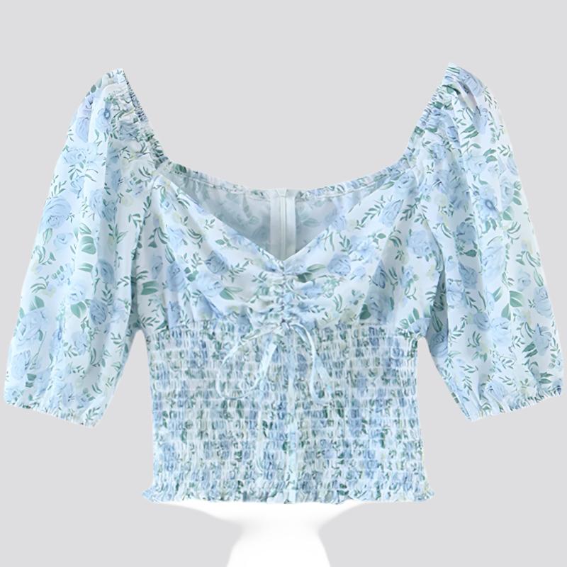 New Fashion Sweet Chic Floral Print Crop Tops Women Street Style Elastic Waist Deep V-neck Short Blouses Female Top De Moda