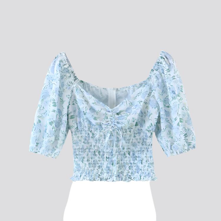 New Fashion Sweet Chic Floral Print Crop Tops Women Street Style Elastic Waist Deep V-neck Short Blouses Female Top De Moda