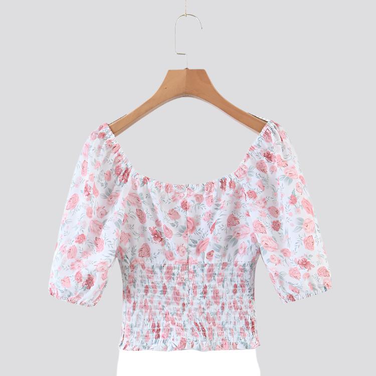 New Fashion Sweet Chic Floral Print Crop Tops Women Street Style Elastic Waist Deep V-neck Short Blouses Female Top De Moda