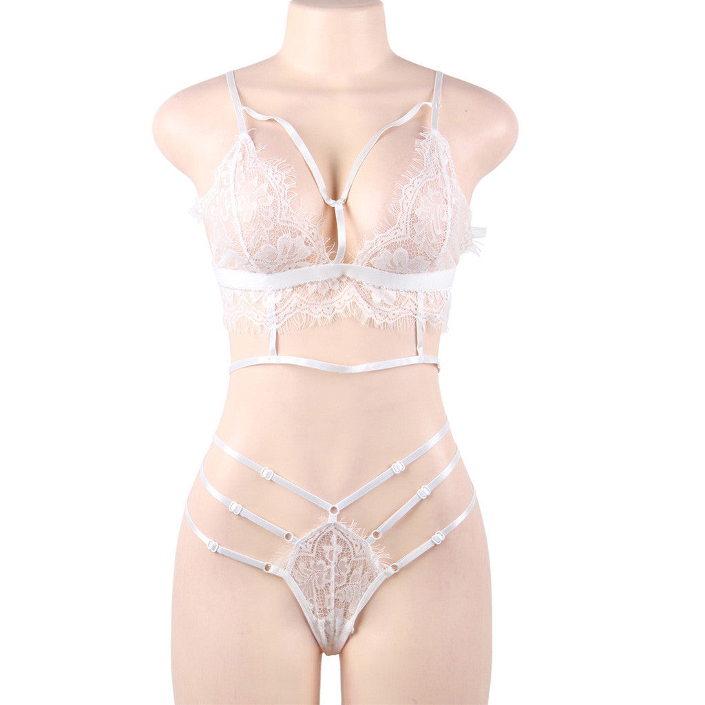 European And American Erotic Lingerie Ladies Sexy Eyelash Perspective strap Three-point Two-piece Set