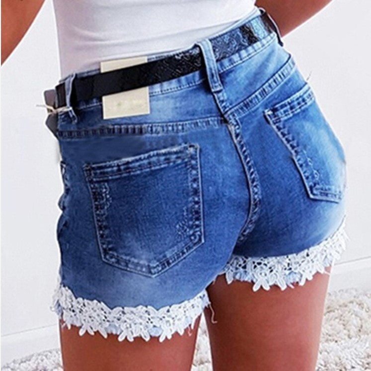 Loose Slim High-Waisted Jeans Lace Shorts