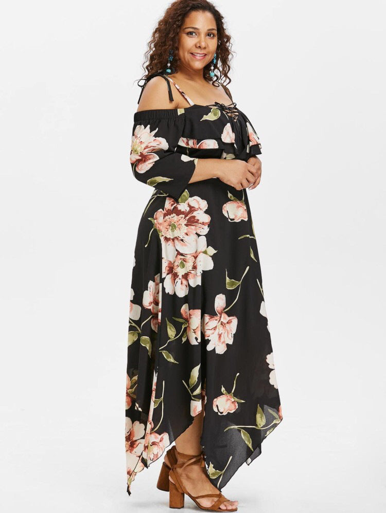 Plus Size Off Shoulder Lace Up Floral Maxi dress