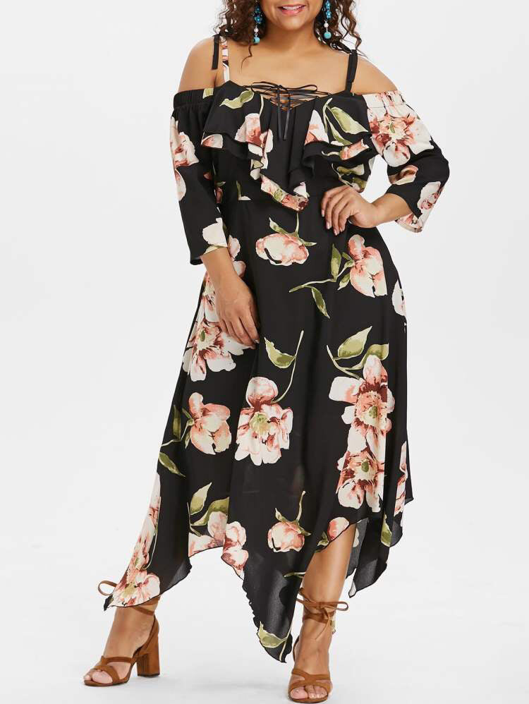 Plus Size Off Shoulder Lace Up Floral Maxi dress