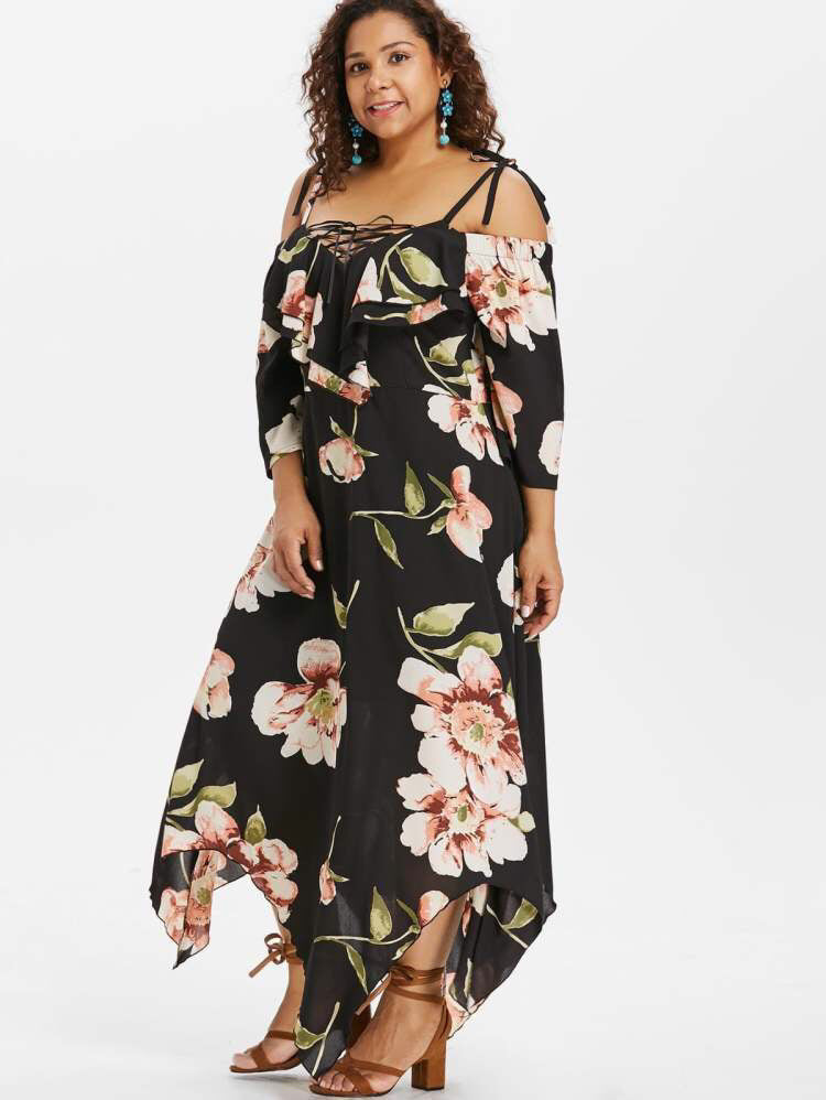 Plus Size Off Shoulder Lace Up Floral Maxi dress