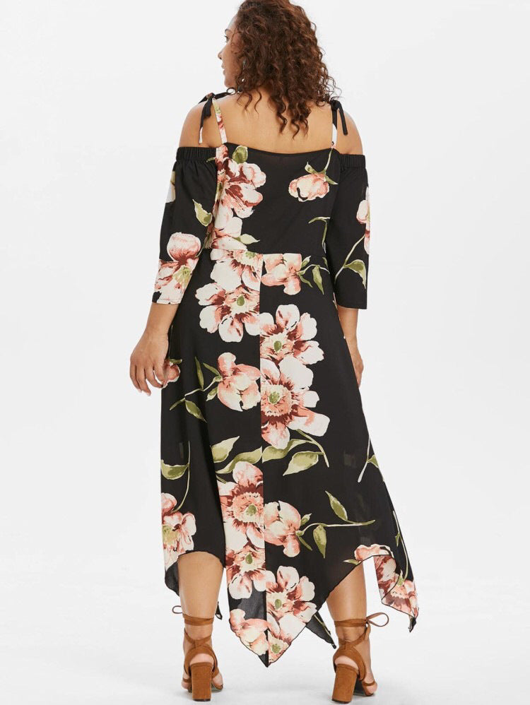 Plus Size Off Shoulder Lace Up Floral Maxi dress