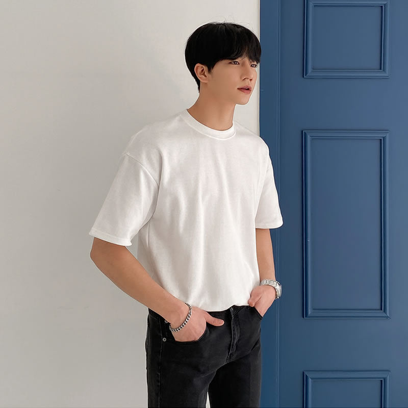 Men''s Loose Solid Color T-shirt Men''s Short Sleeve Fashion Brand Hong Kong Style Men''s Casual Top Summer Thin Cotton