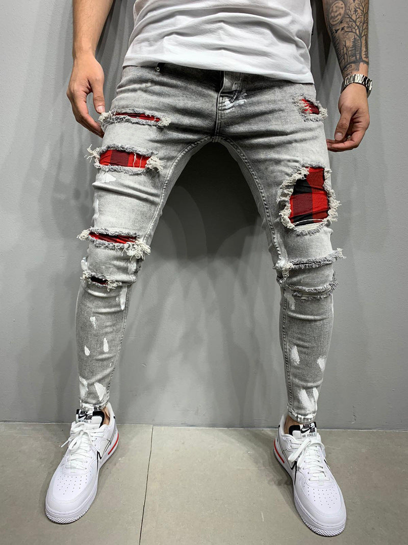 Ripped Patch Fashion Slim-fit Point Paint Stretch Small Feet Men's Jeans