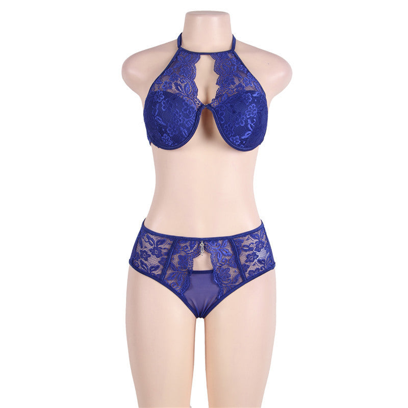 Comeondear Lingerie Lace Sexy Bra Set Transparent Bra Party Set Blue Halter Komplet Bielizny Womens Underwear Set R80443