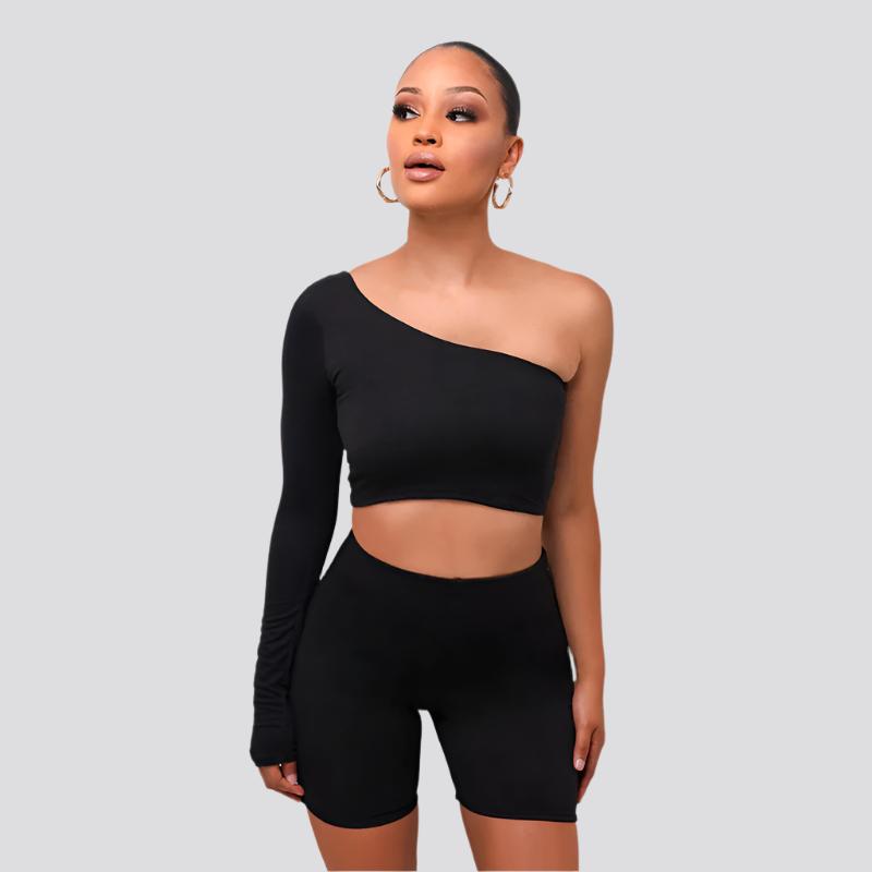 Kliou Solid Asymmetrical Two Piece Sets Women Tracksuit Crop Tops Elastic Bike Shorts Sporty Matching Suits Casual Female Outfit