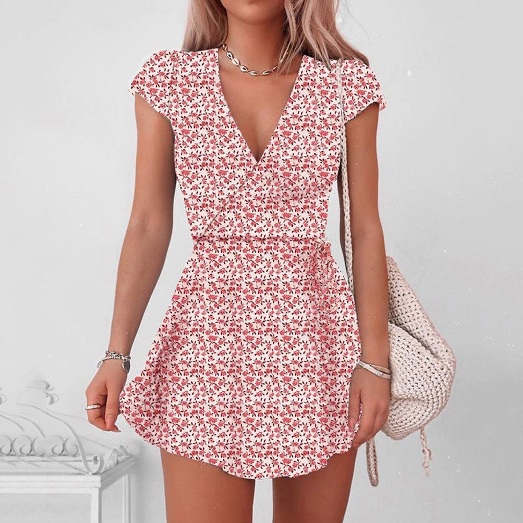 Half-Sleeve V-Neck Sexy Mini Floral Summer Commuter Dress