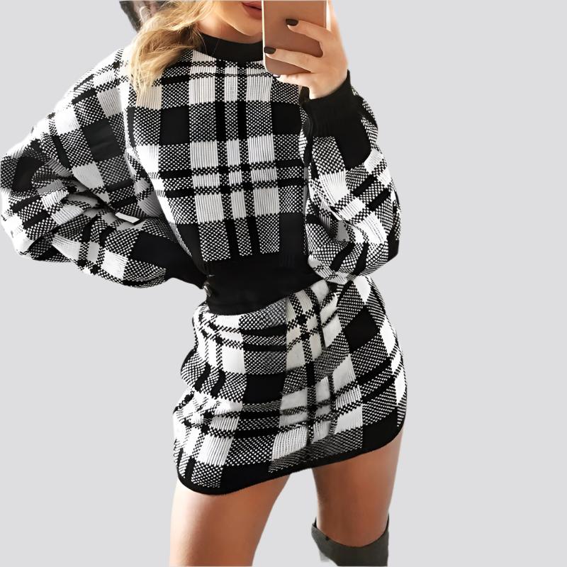 Women's Tracksuit Elegant Office Two Piece Set Plaid Sweater Outfit Long Sleeve Crop Top And Skirt Sets Sexy Fashion Dress Set