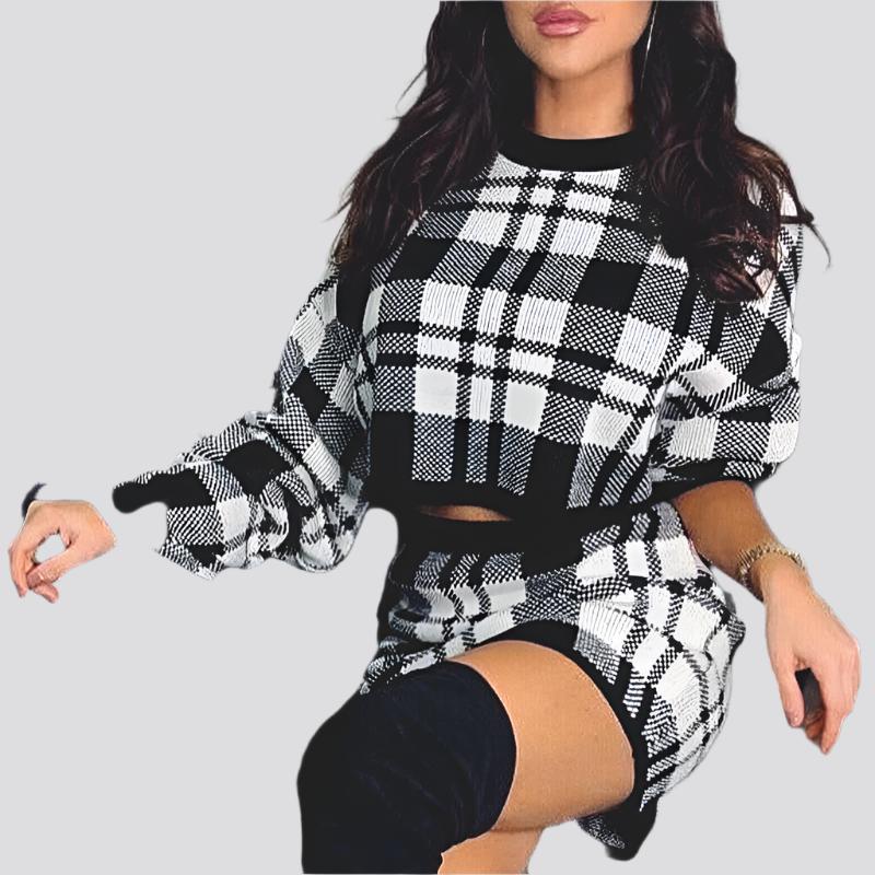 Women's Tracksuit Elegant Office Two Piece Set Plaid Sweater Outfit Long Sleeve Crop Top And Skirt Sets Sexy Fashion Dress Set