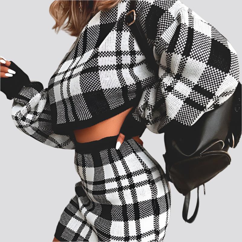 Women's Tracksuit Elegant Office Two Piece Set Plaid Sweater Outfit Long Sleeve Crop Top And Skirt Sets Sexy Fashion Dress Set