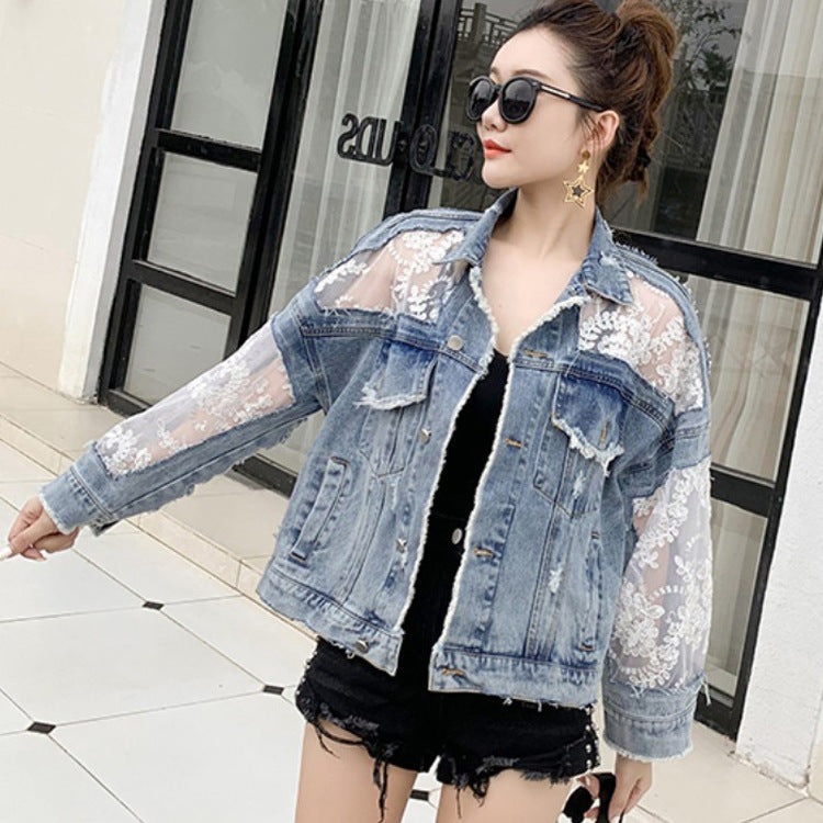 Denim Short Jacket Women Trendy Fashion Casual Lace Stitching Loose Sun Protection Clothing