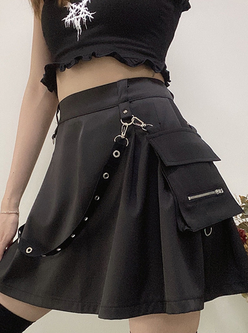 InstaHot Black Pockets High Waist Skirts Strap Zipper Pleated Skirt Women Gothic Punk Streetwear Casual Cargo Skirt Fashion