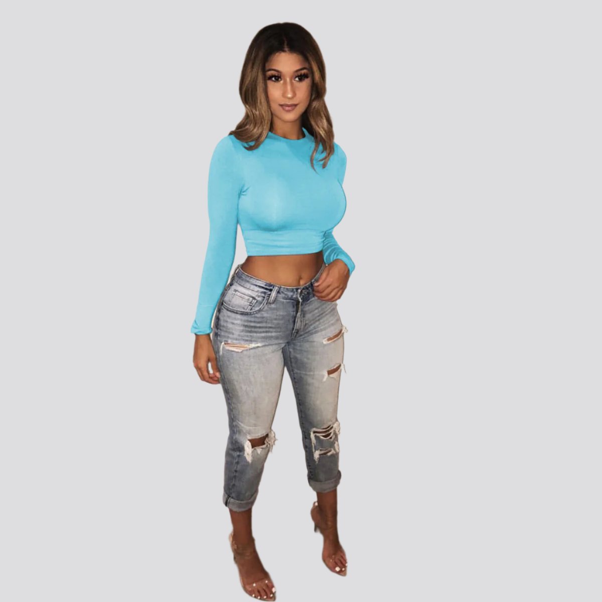 Women Long Sleeve Slim Sexy Basic Tee Tops Cotton Women Crop Top Shirt Solid Color O-Neck Basic Short Crop Tops Women Tshirts