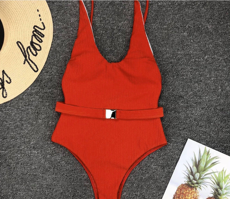 Women'S One-Piece Swimsuit European And American Solid Color Special Fabric Belt Buckle One-Piece Bikini