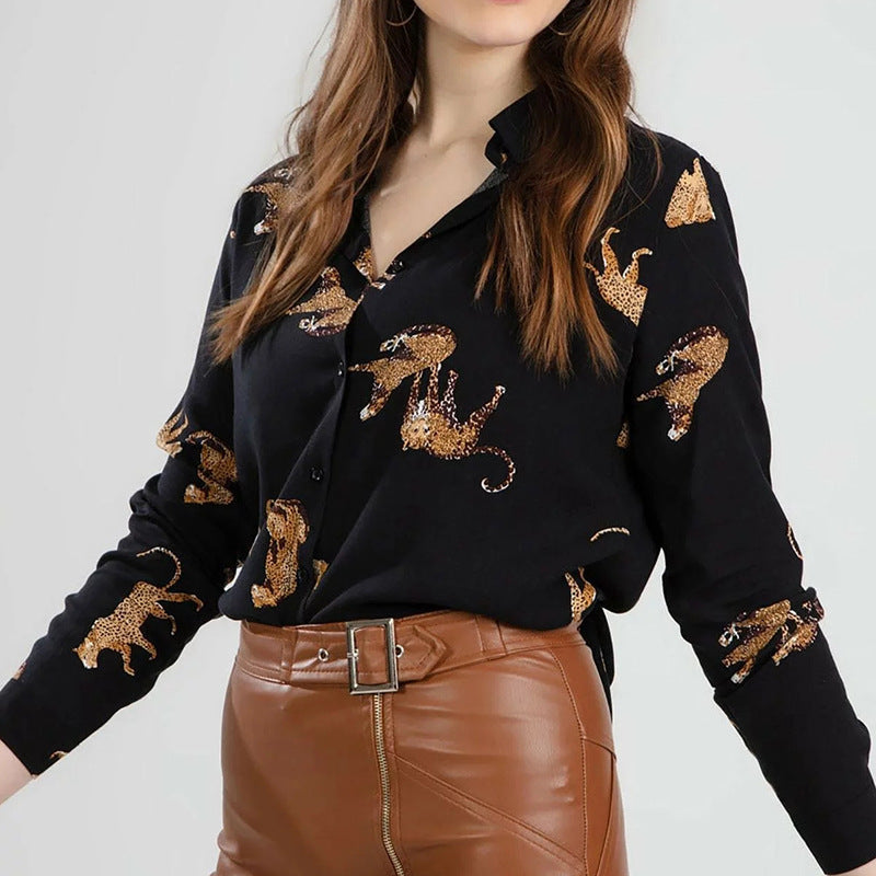 Boutique Women's Clothing New Leopard Printed Long Sleeves Loose Chiffon Blouse Female