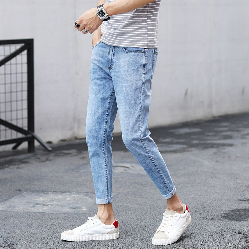 Men'S Jeans Slim-Fit Feet Pants Trendy Men'S Cropped Trousers Spring And Summer Stretch Denim