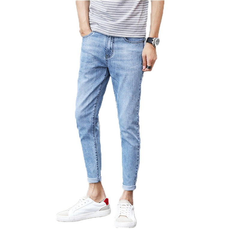 Men'S Jeans Slim-Fit Feet Pants Trendy Men'S Cropped Trousers Spring And Summer Stretch Denim