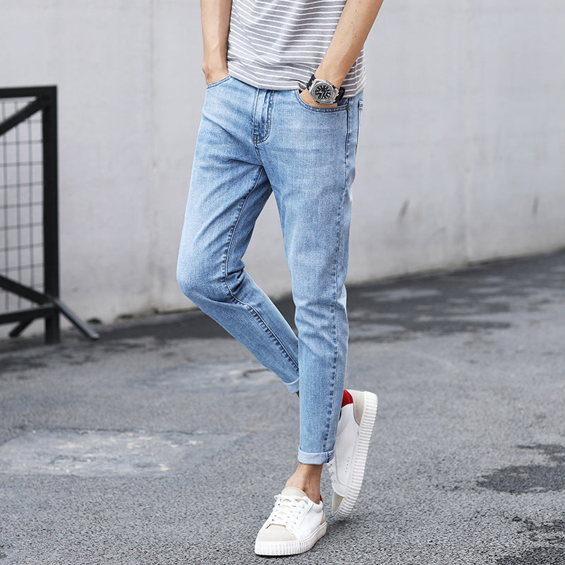 Men'S Jeans Slim-Fit Feet Pants Trendy Men'S Cropped Trousers Spring And Summer Stretch Denim