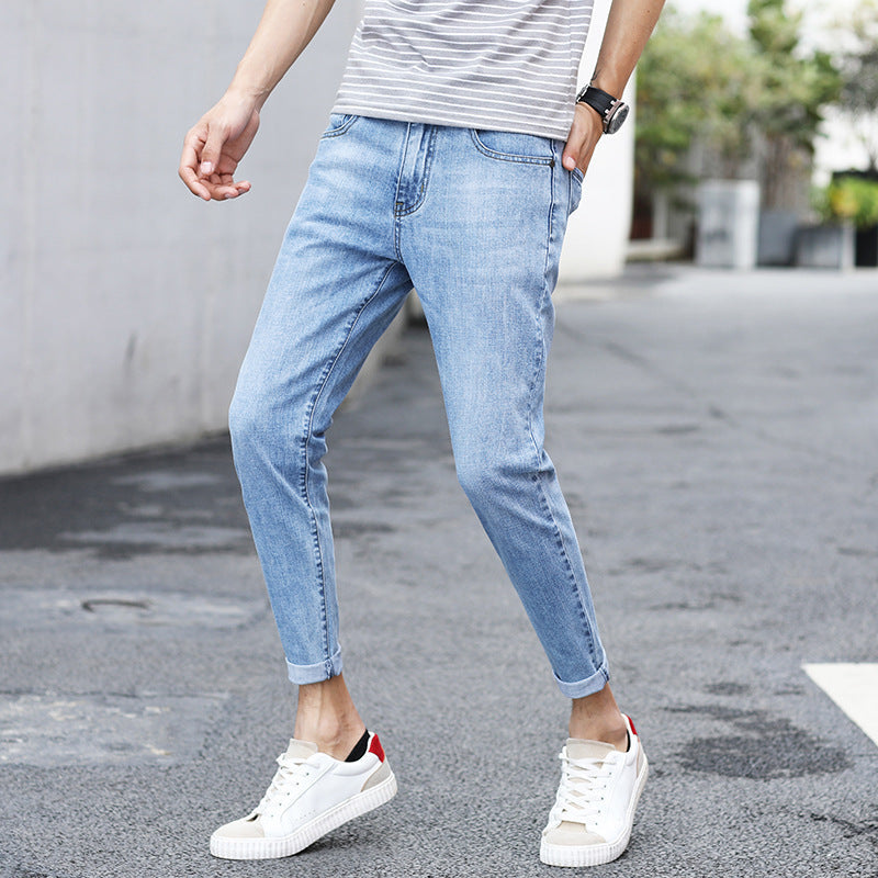 Men'S Jeans Slim-Fit Feet Pants Trendy Men'S Cropped Trousers Spring And Summer Stretch Denim