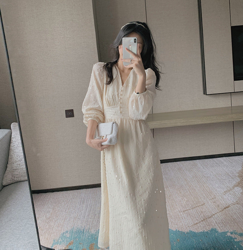 French Puff Sleeve Midi Dress Vintage Designer Women Korean Sequins Dress Elegant Fairy Spring Wedding Party Female Clothes