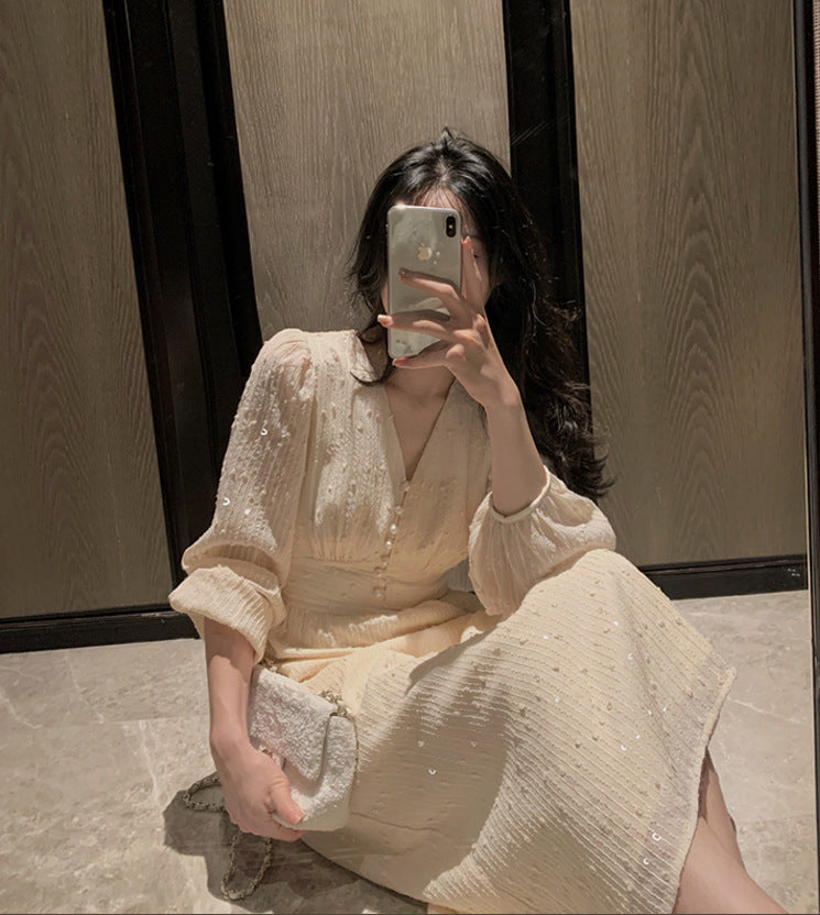 French Puff Sleeve Midi Dress Vintage Designer Women Korean Sequins Dress Elegant Fairy Spring Wedding Party Female Clothes