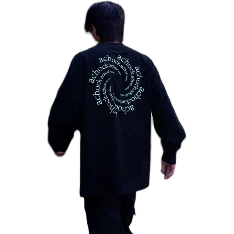 A Chock Original National Tide Circular Vortex Logo Printing Basic Sweater Tide Brand Loose Casual Long-Sleeved T-Shirt Men