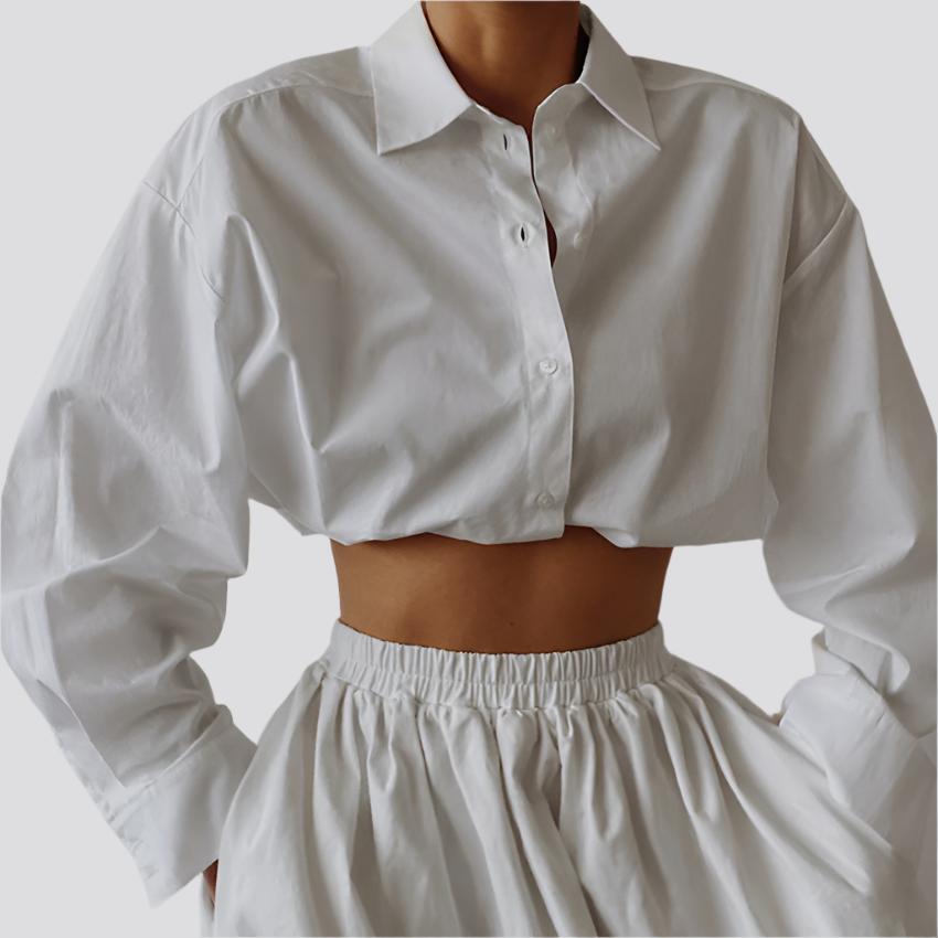 Women S White Lapel Long-Sleeved Shirt