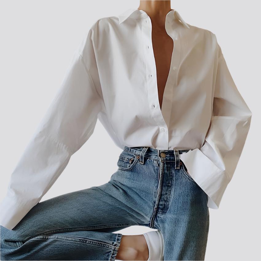 Women S White Lapel Long-Sleeved Shirt