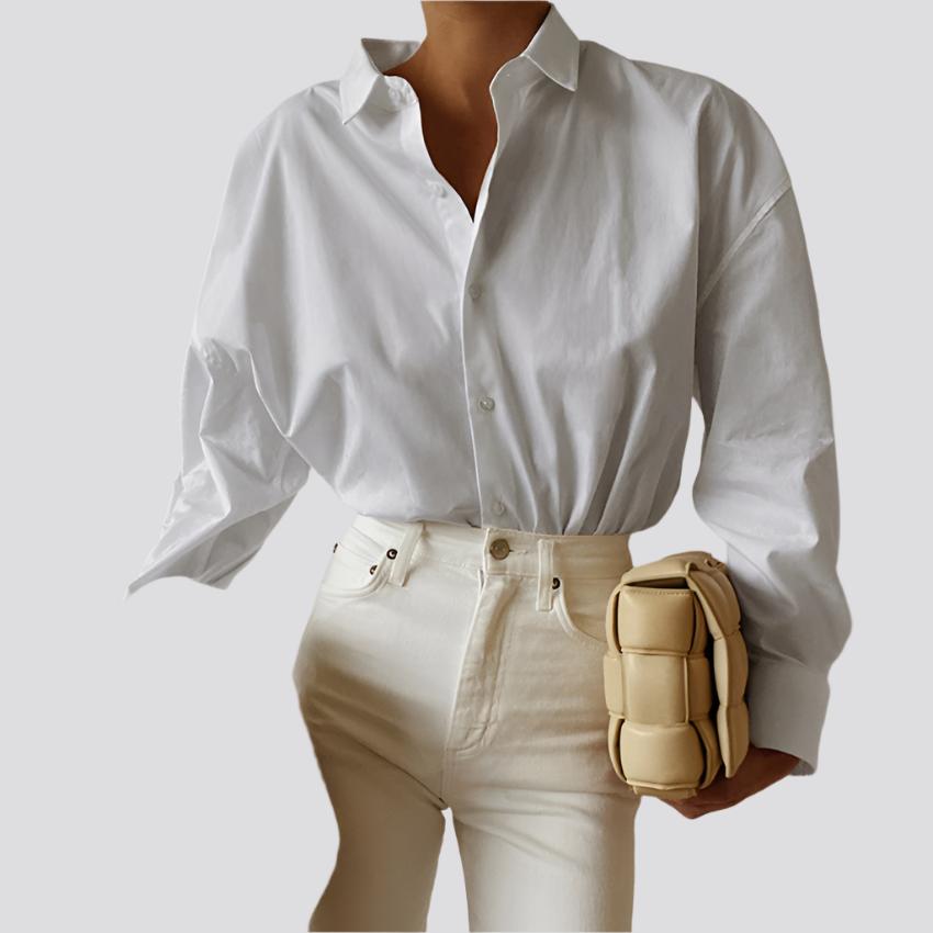 Women S White Lapel Long-Sleeved Shirt