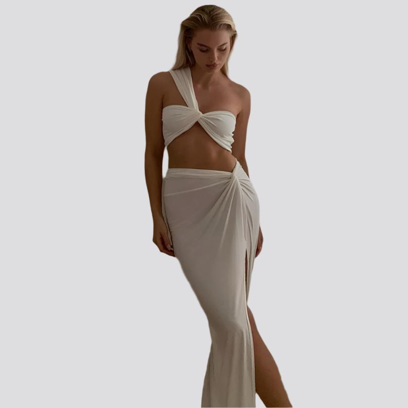 NewAsia Sexy Crop Top Side Split Long Skirts Two Piece Set Women Twist One Shoulder 2 Piece Sets Summer White Party Clothes