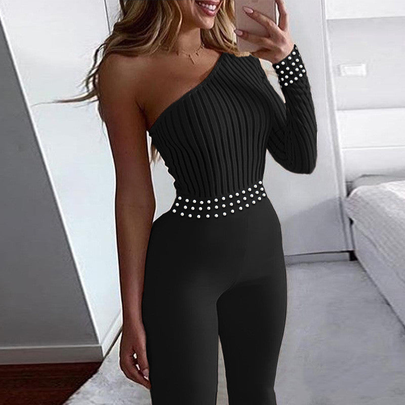 Women's Long-sleeved Jumpsuit With Off-Shoulder, Beaded Design