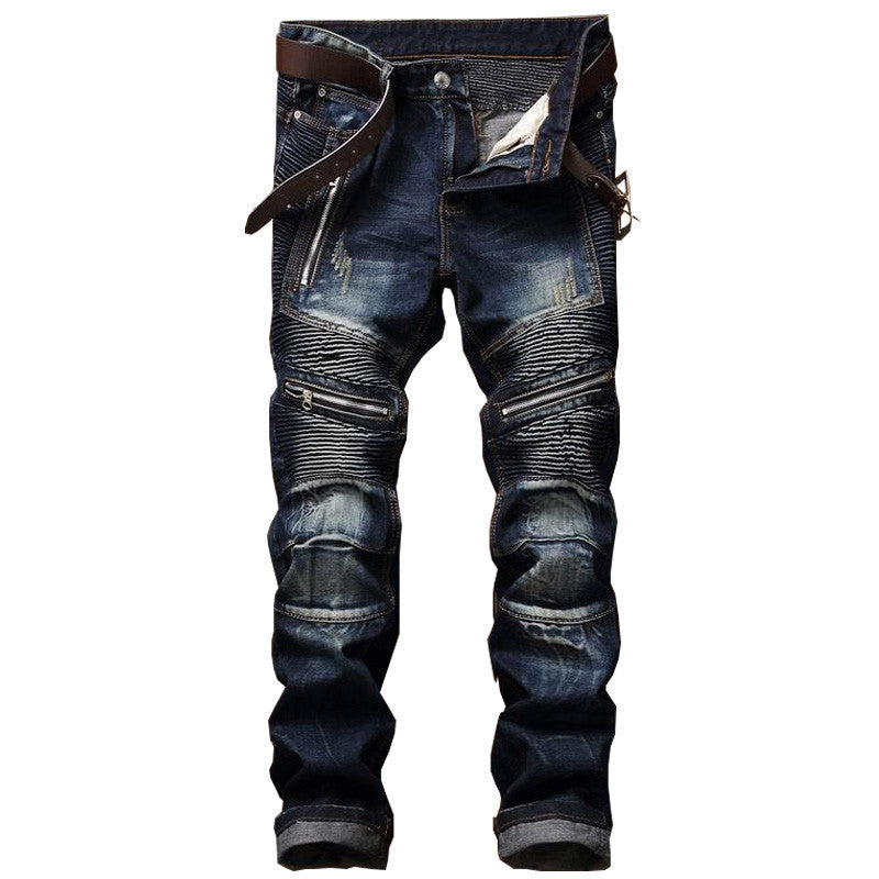 Men's Jeans Fashion Snowflake Fold Slim Fit Motorcycle Small Straight Trousers